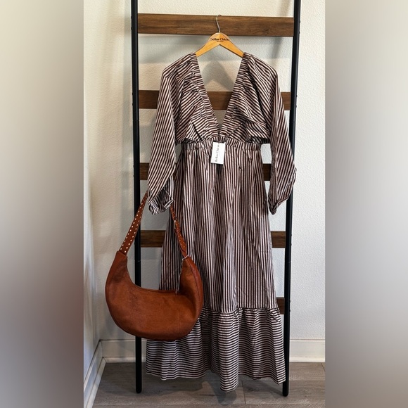 Long Sleeves V-Neck Stripe Midi Dress - Picture 3 of 3